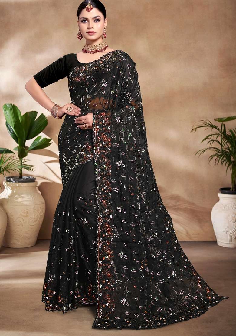 Black Sequin Work Art Silk Blend Saree Set for Diwali and Festive Wear - Indya