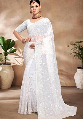 White Sequin Work Art Silk Saree Set