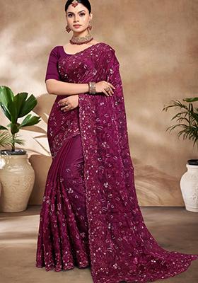 Wine Sequin Work Art Silk Saree Set