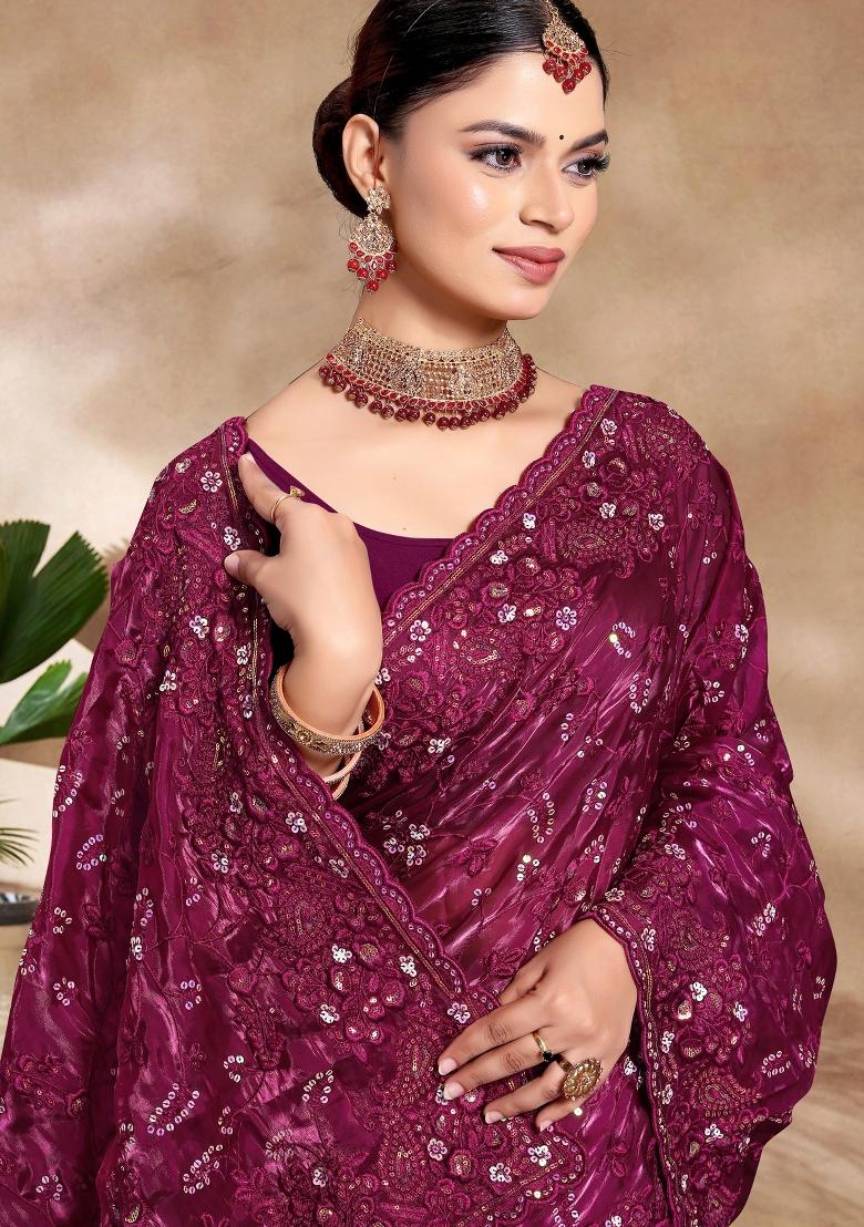 Wine Sequin Work Art Silk Saree Set
