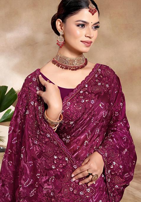Wine Sequin Work Art Silk Saree Set