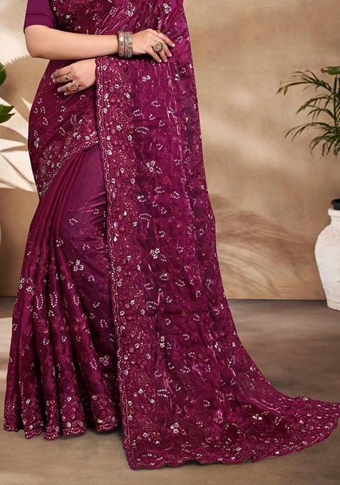 Wine Sequin Work Art Silk Saree Set