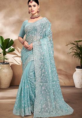 Sky Blue Sequin Work Art Silk Saree Set