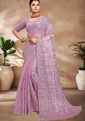 Lavender Sequin Work Art Silk Saree Set