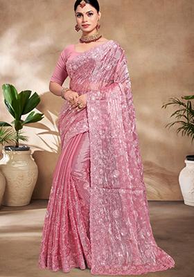 Pink Sequin Work Art Silk Saree Set