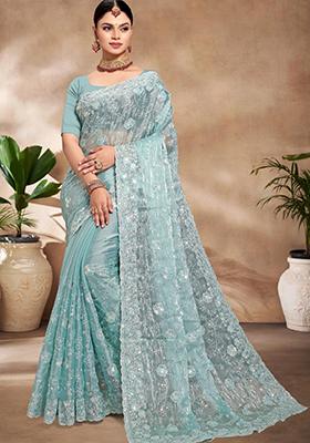 Sky Blue Sequin Work Art Silk Saree Set