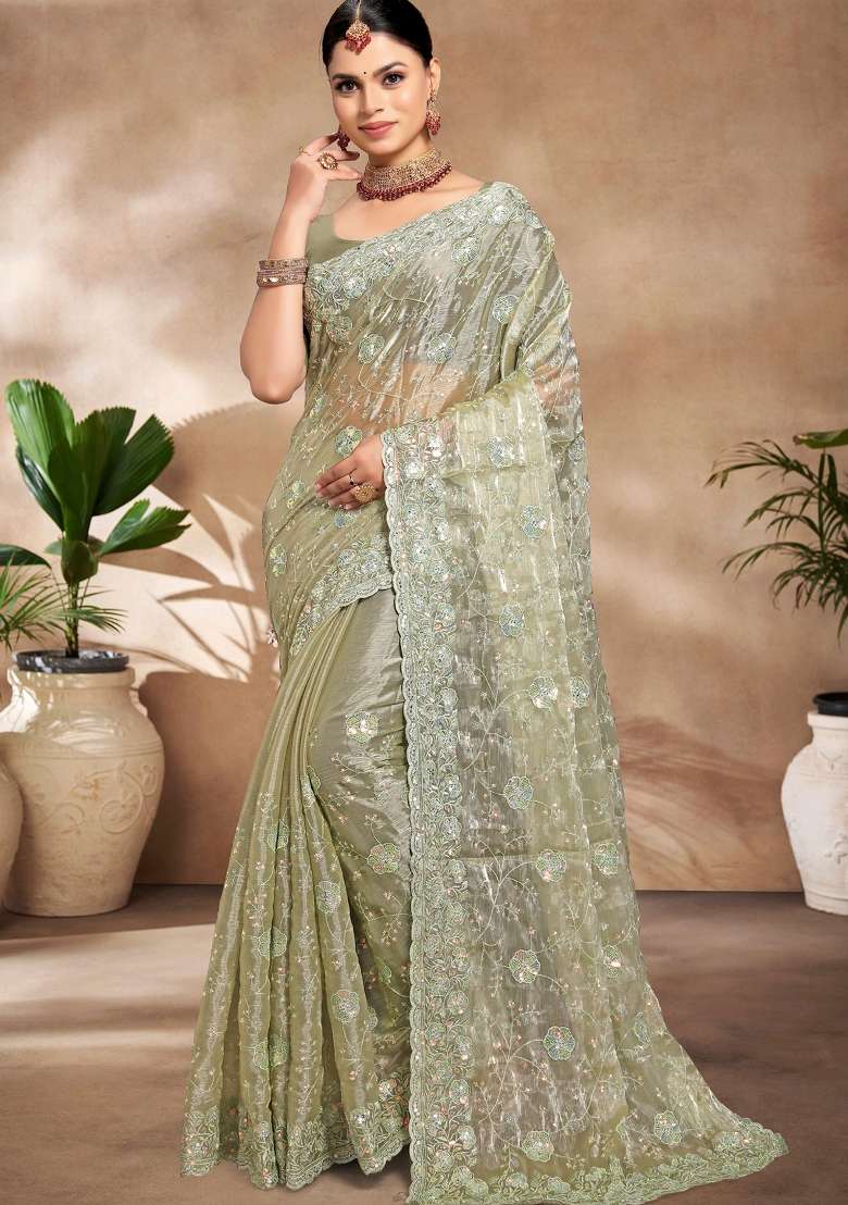 Green Sequin Work Art Silk Blend Saree Set for Diwali and Festive Wear - Indya