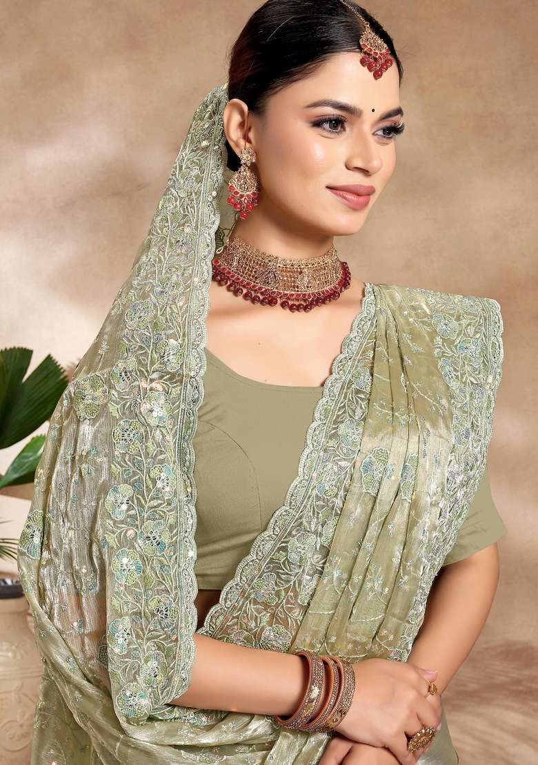 Green Sequin Work Art Silk Blend Saree Set for Diwali and Festive Wear - Indya