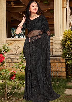 Black Sequin Work Net Saree Set