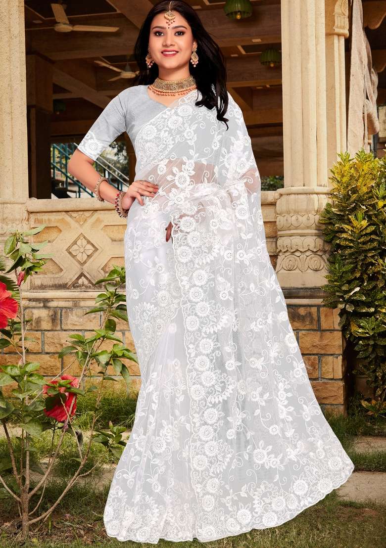 White Work Net Saree Set with Sequin for Diwali | Wedding & Festive Wear - Indya