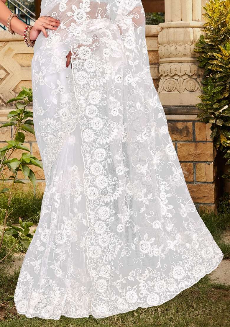 White Work Net Saree Set with Sequin for Diwali | Wedding & Festive Wear - Indya