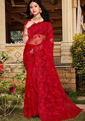 Red Sequin Work Net Saree Set