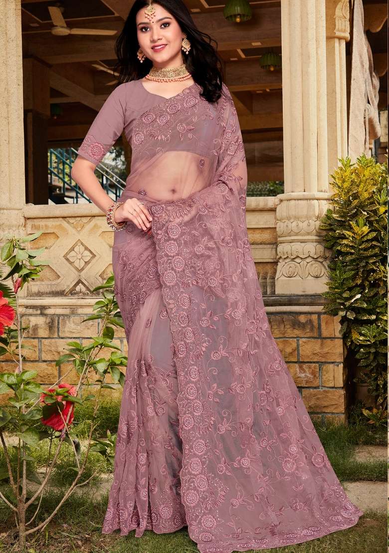 Lavender Work Net Saree Set with Sequin for Diwali | Wedding & Festive Wear - Indya
