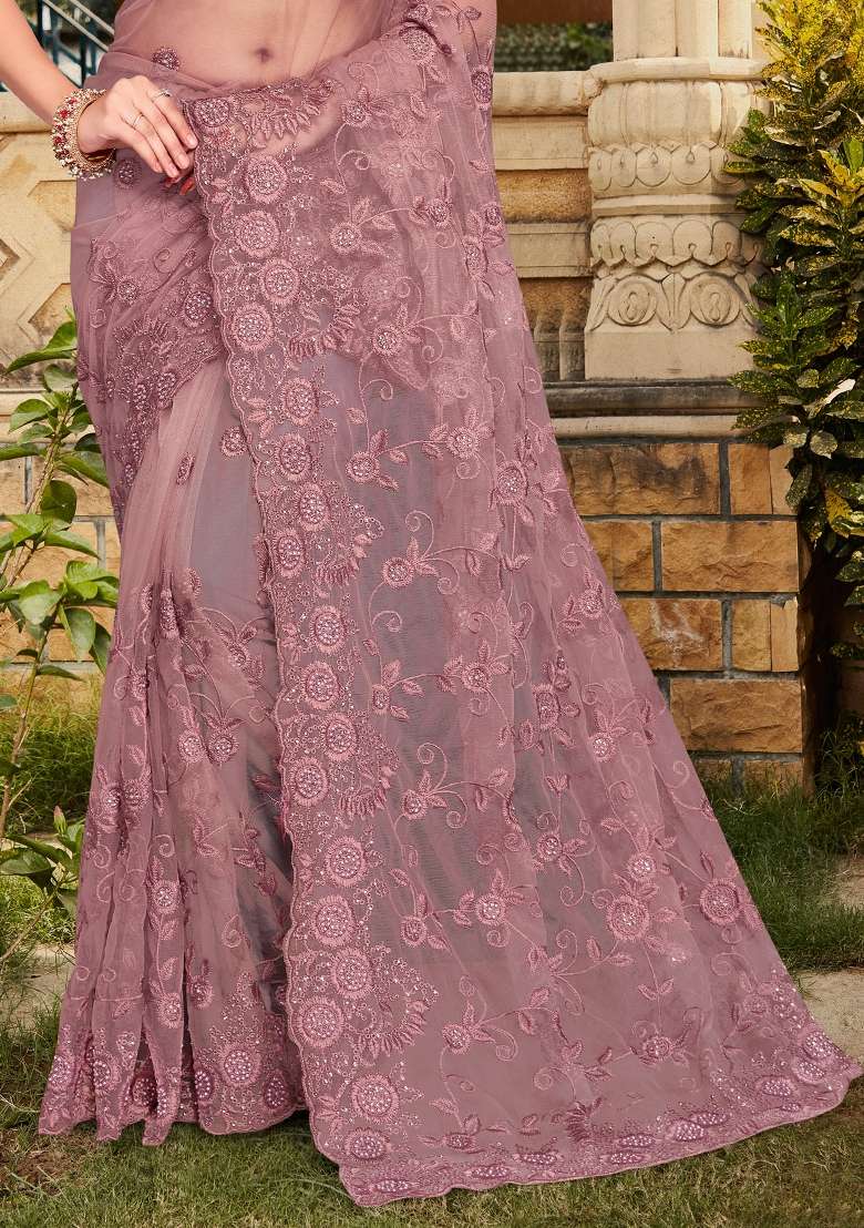Lavender Work Net Saree Set with Sequin for Diwali | Wedding & Festive Wear - Indya