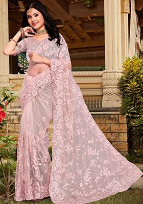 Peach Sequin Work Net Saree Set