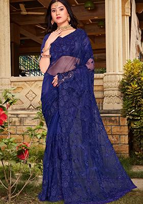 Navy Blue Sequin Work Net Saree Set