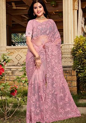 Pink Sequin Work Net Saree Set