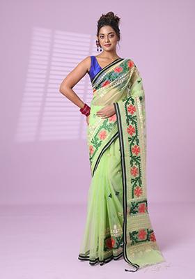 Pistachio Green Embroidered Muslin Saree Set