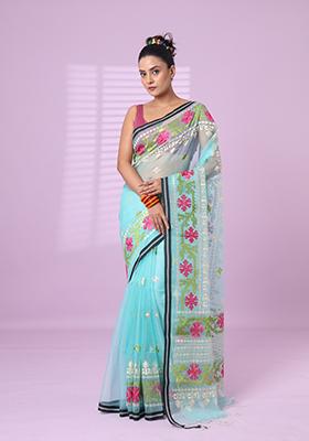 Sky Blue Embroidered Muslin Saree Set