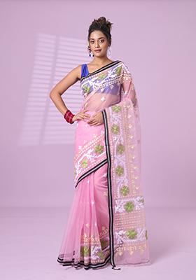 Baby Pink Embroidered Muslin Saree Set