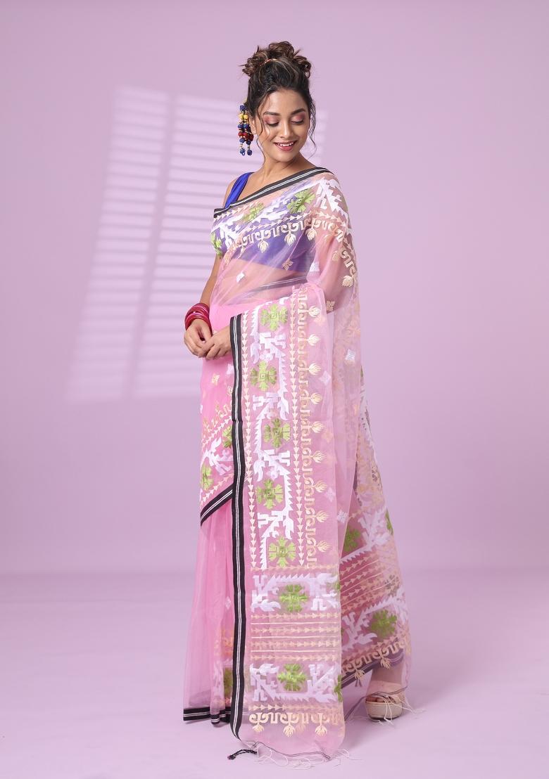 Baby Pink Embroidered Muslin Saree Set - Indya