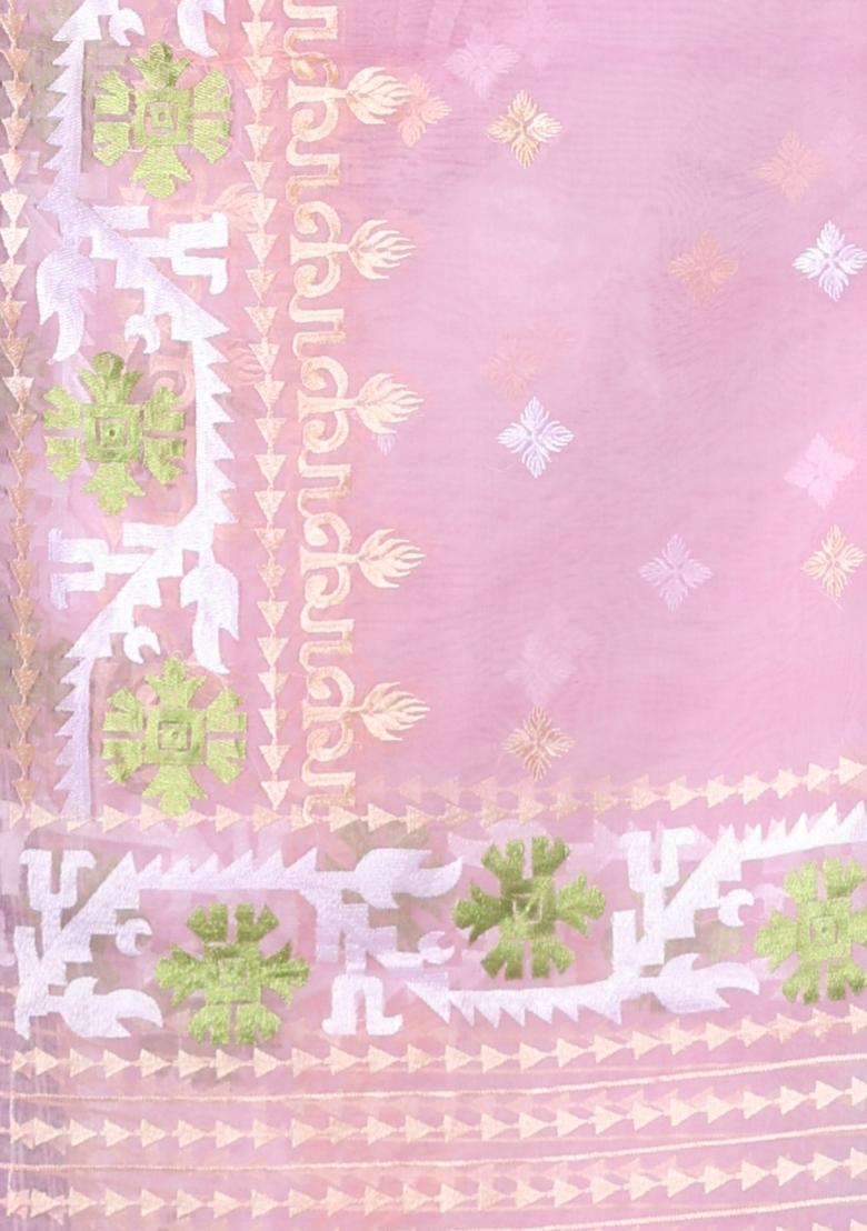 Baby Pink Embroidered Muslin Saree Set - Indya