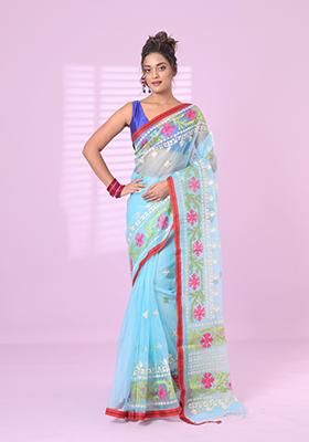 Sky Blue Embroidered Muslin Saree Set