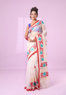 Off White Embroidered Muslin Saree Set