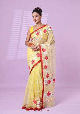 Banana Yellow Embroidered Muslin Saree Set