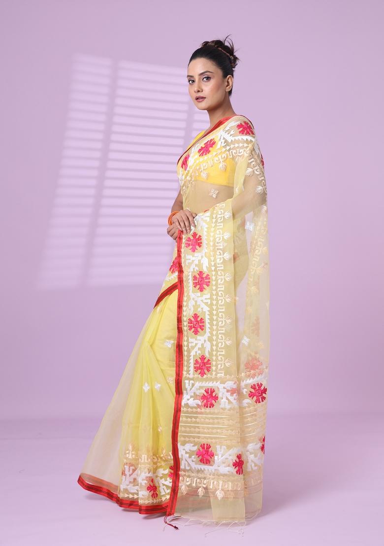 Banana Yellow Embroidered Muslin Saree Set - Indya
