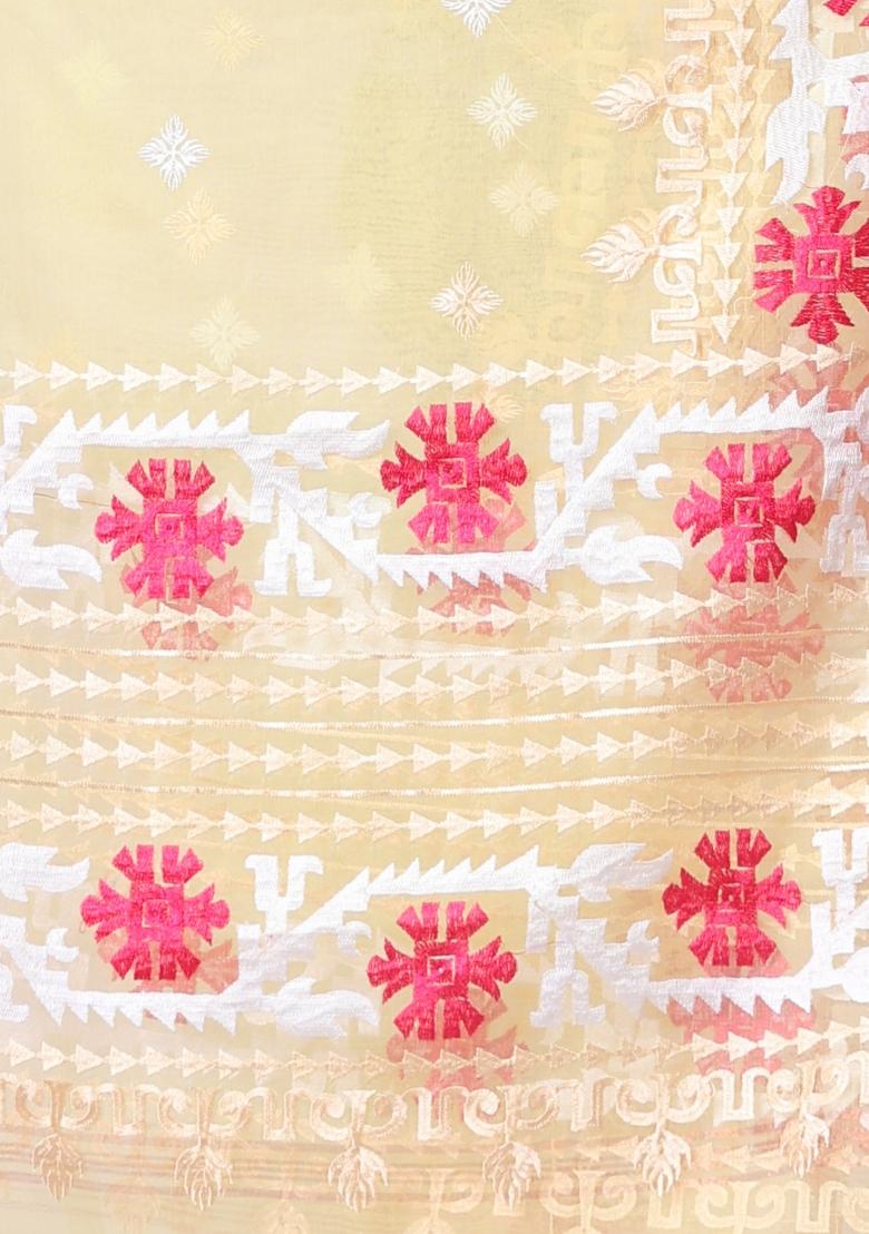 Banana Yellow Embroidered Muslin Saree Set - Indya