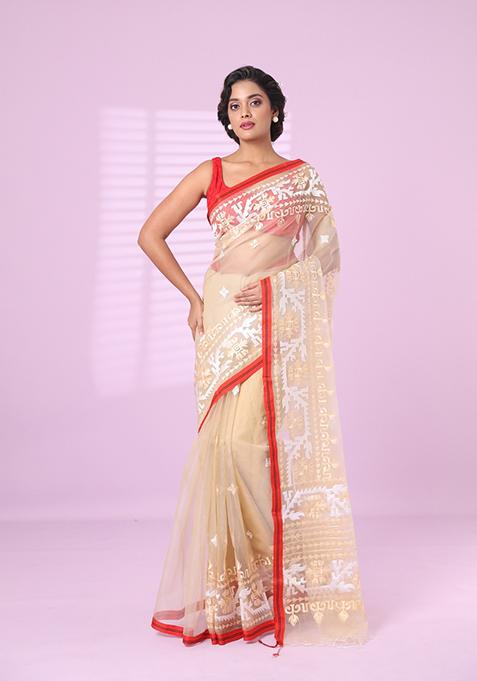 Beige Embroidered Muslin Saree Set