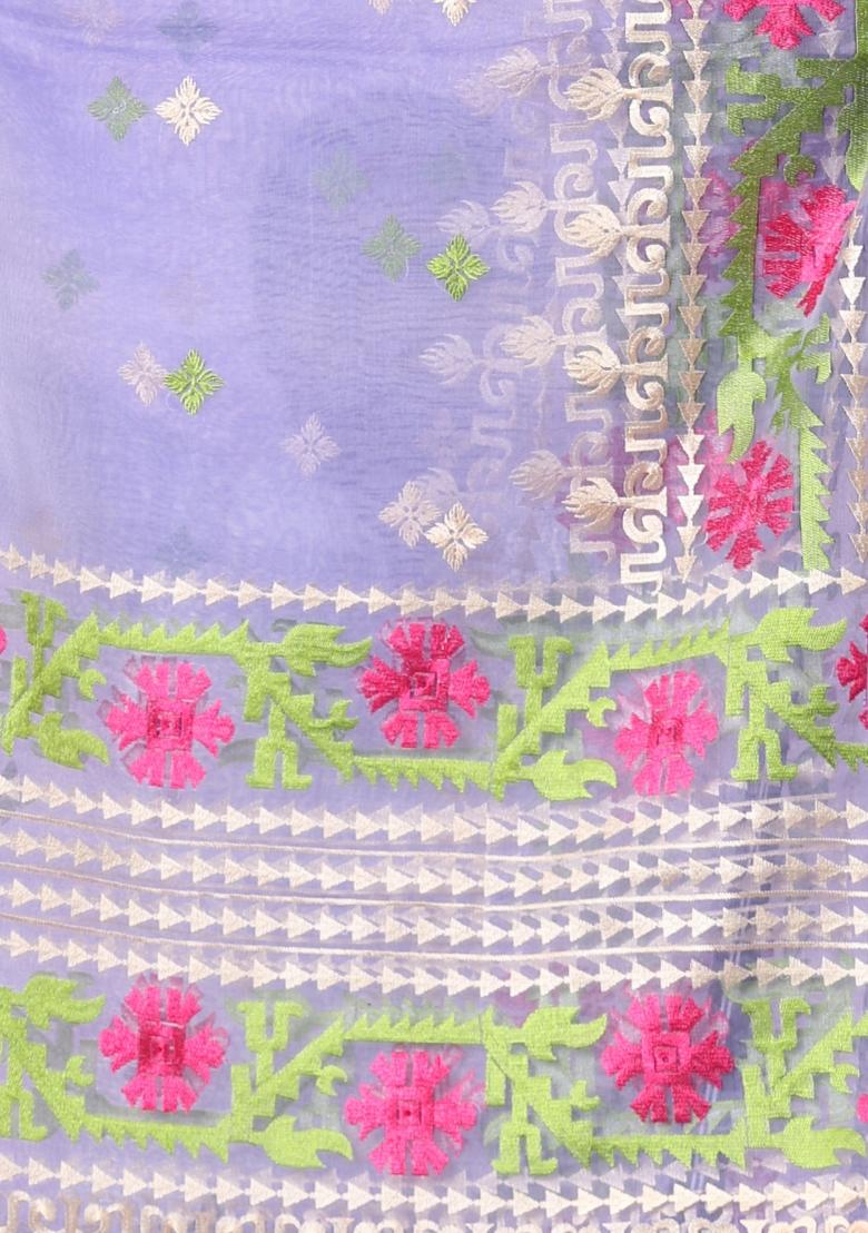 Lavender Embroidered Muslin Saree Set - Indya