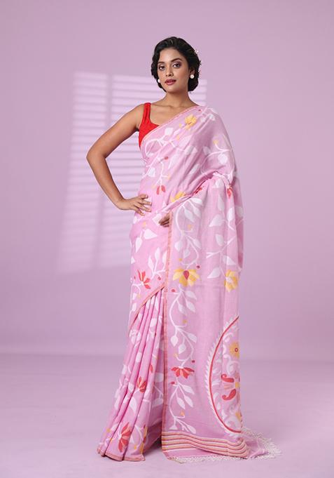 Baby Pink Embroidered Cotton Saree Set