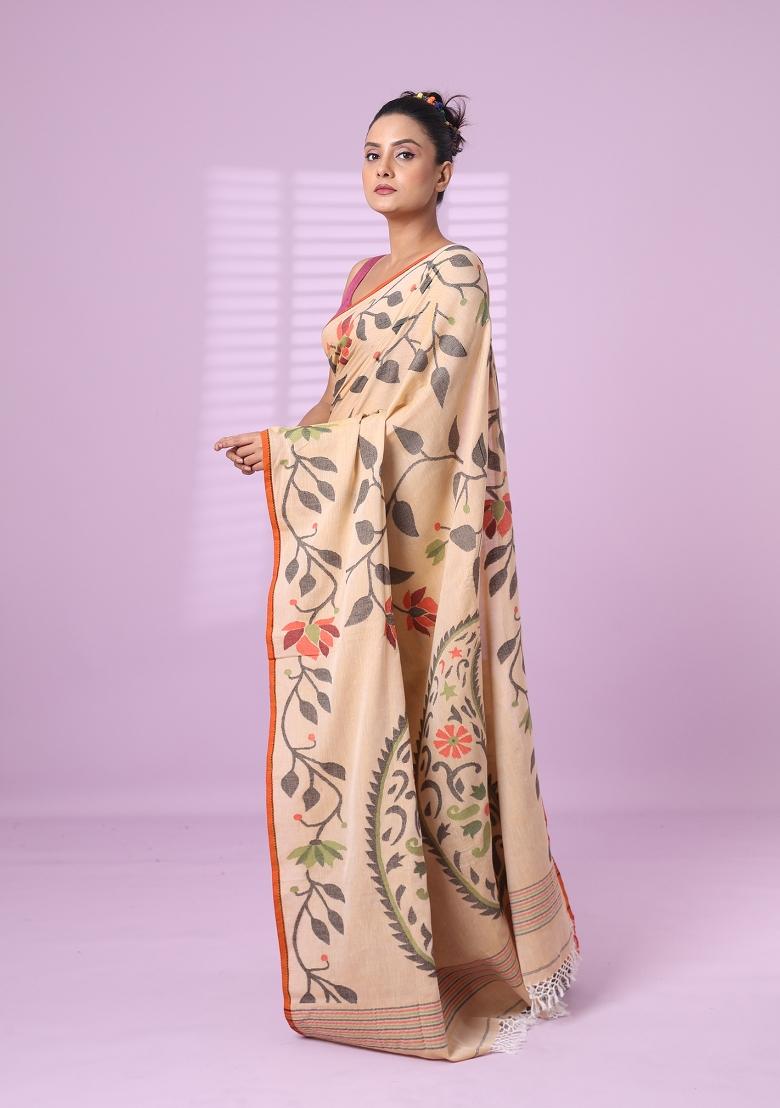 Beige Embroidered Cotton Saree Set - Indya