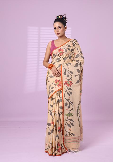 Beige Embroidered Cotton Saree Set