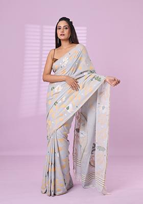 Grey Embroidered Cotton Saree Set