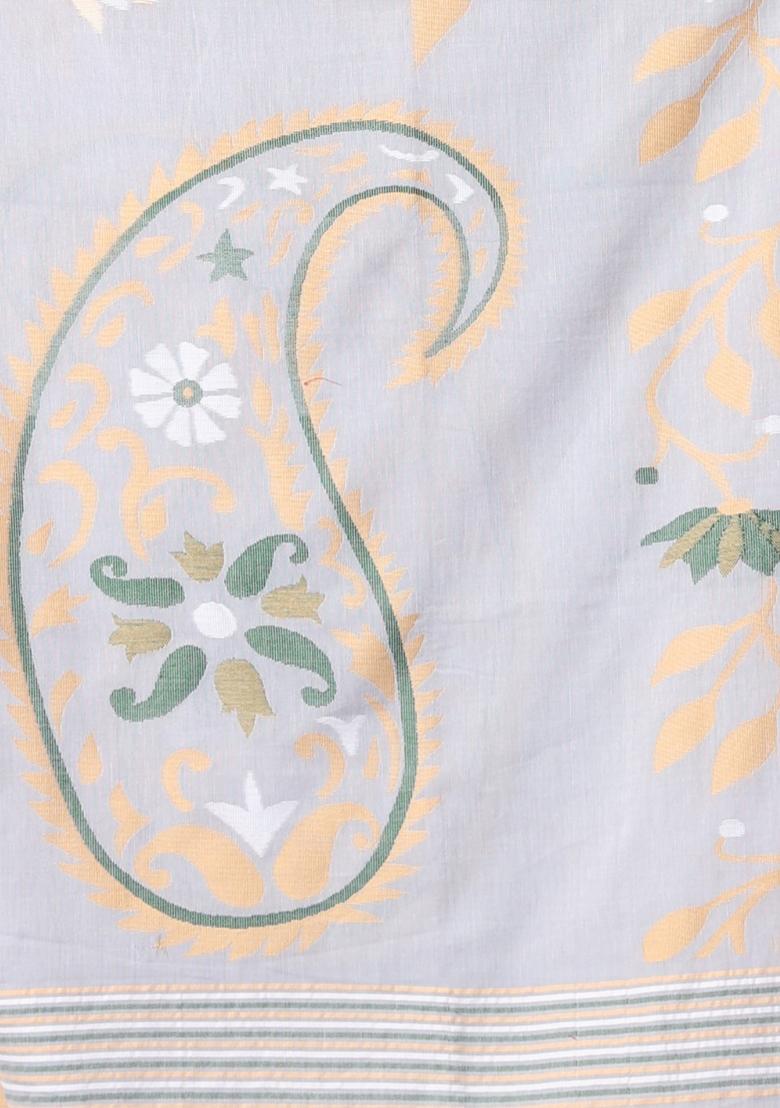 Grey Embroidered Cotton Saree Set - Indya