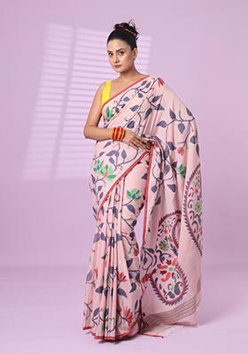 Rosewood Pink Embroidered Cotton Saree Set