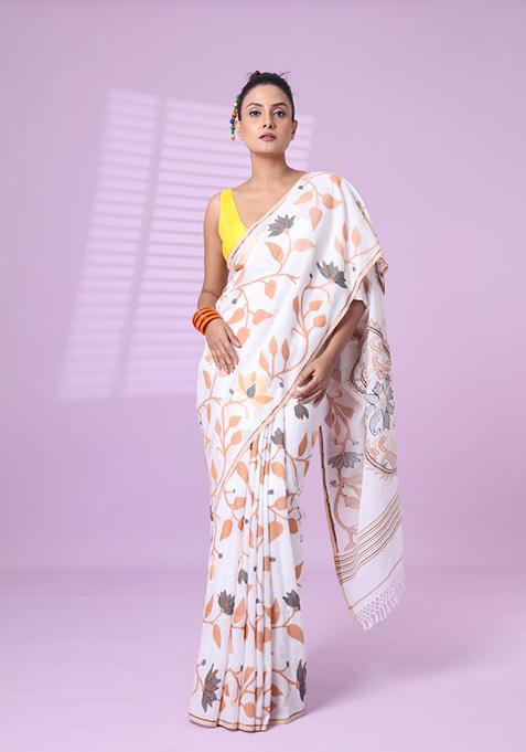 White Embroidered Cotton Saree Set