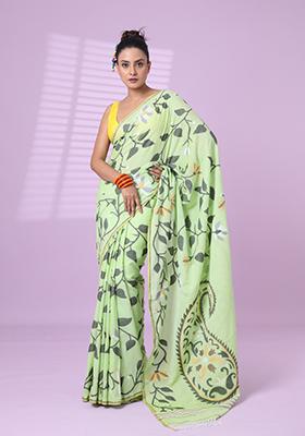 Light Green Embroidered Cotton Saree Set