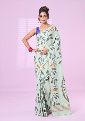 Pistachio Green Embroidered Cotton Saree Set