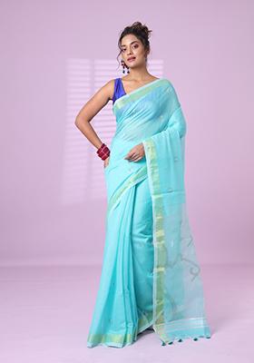 Sea Green Embroidered Silk Saree Set