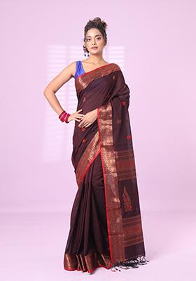 Brown Embroidered Cotton Saree Set