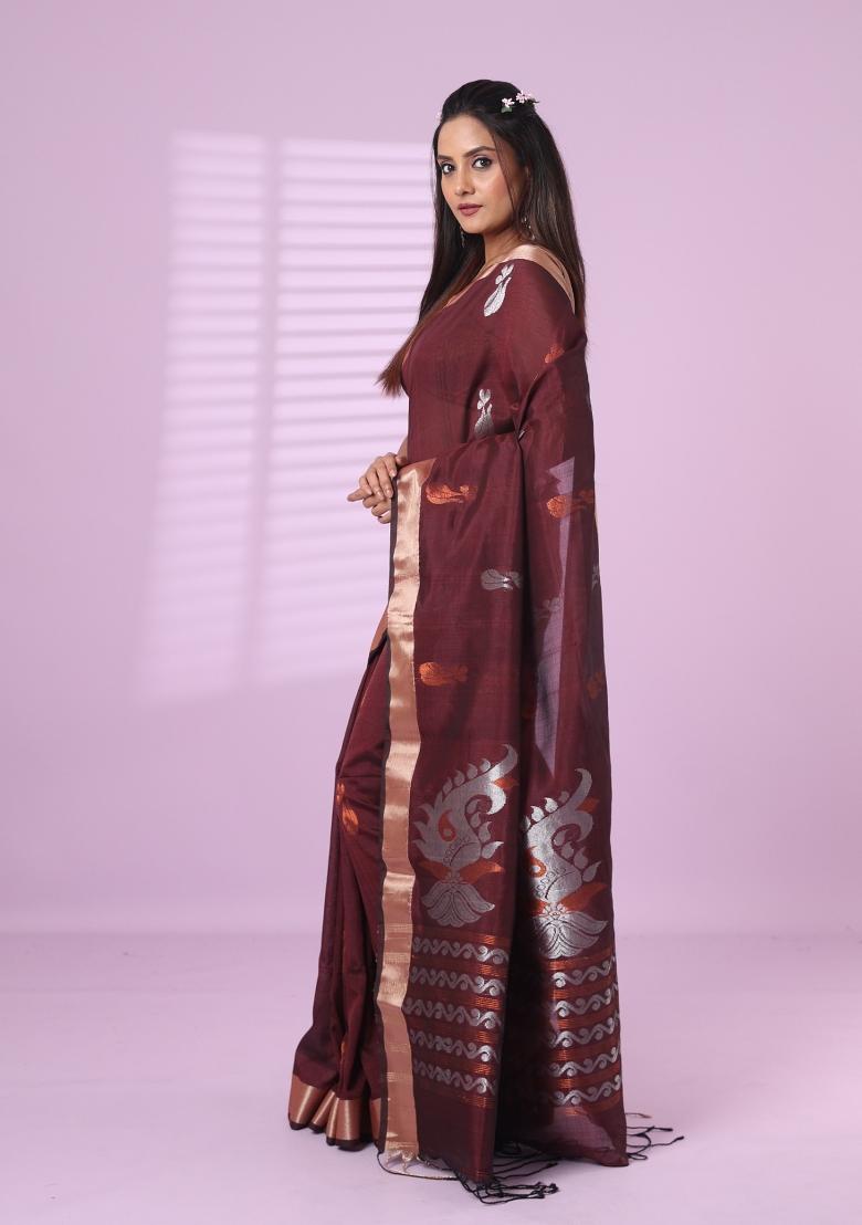 Brown Embroidered Silk Saree Set - Indya