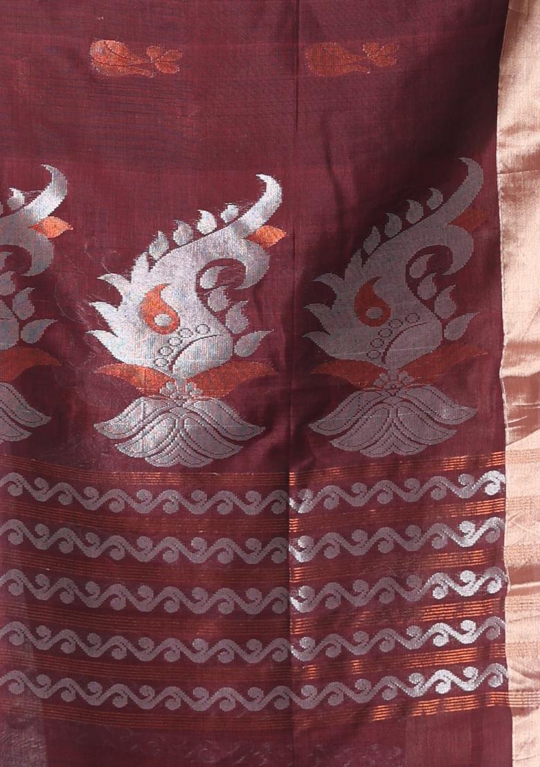 Brown Embroidered Silk Saree Set - Indya