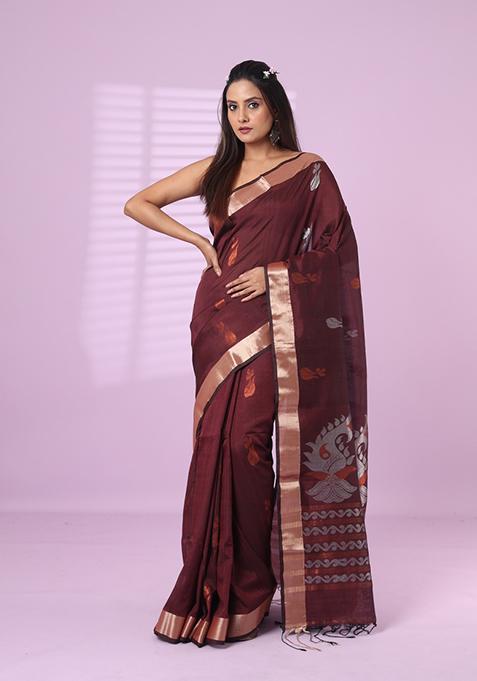 Brown Embroidered Silk Saree Set