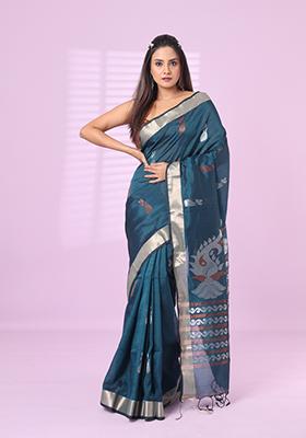 Emerald Green Embroidered Silk Saree Set