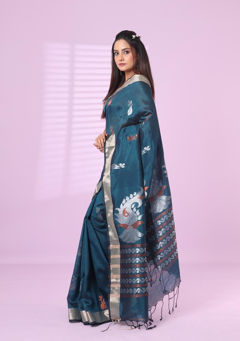 Emerald Green Embroidered Silk Saree Set - Indya