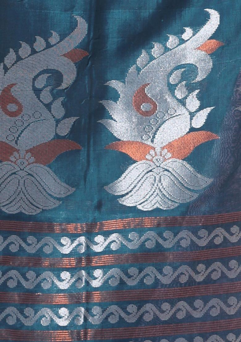 Emerald Green Embroidered Silk Saree Set - Indya